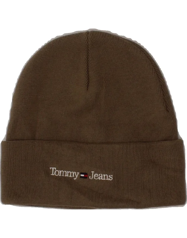 TOMMY JEANS Mens Graphic Beanie Hat One Size Brown Acrylic Elegant Tapered Leg Denim