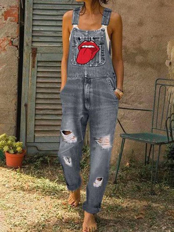 Lip Print Jumpsuit Jeans Fashionable Button-Front Jeans