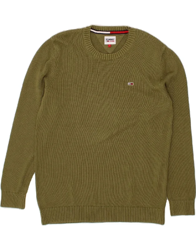 TOMMY HILFIGER Mens Crew Neck Jumper Sweater Large Khaki Cotton Welt Pockets Slit Pockets Flap Pockets