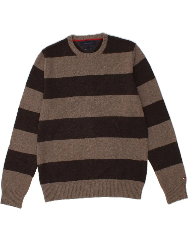 TOMMY HILFIGER Mens Crew Neck Jumper Sweater Large Brown Striped Cotton Silk Blend Satin Velvet