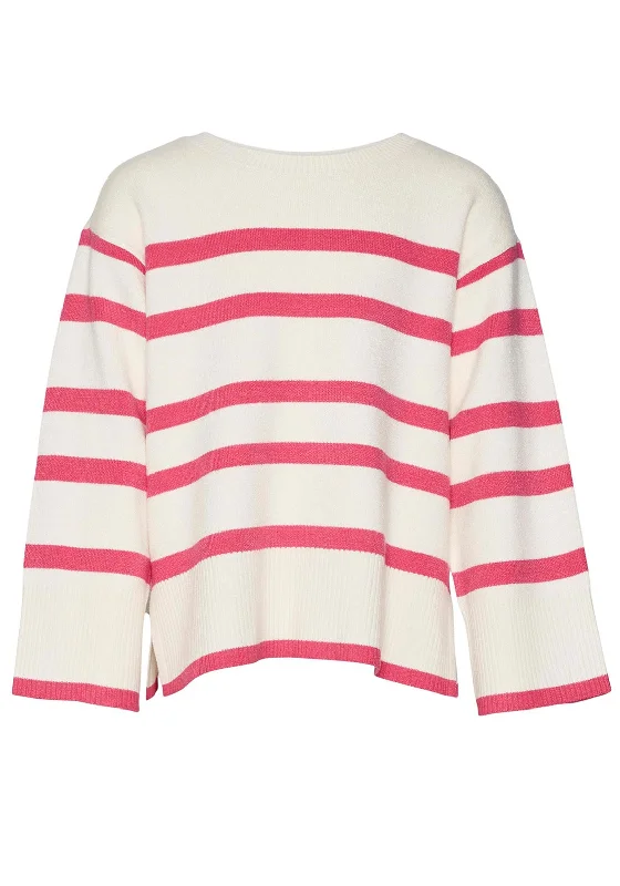 Vero Moda Girl Saba Long Sleeve Stripe Jumper, Birch Raspberry Hooded Sweater Collared Sweater Shawl Collar