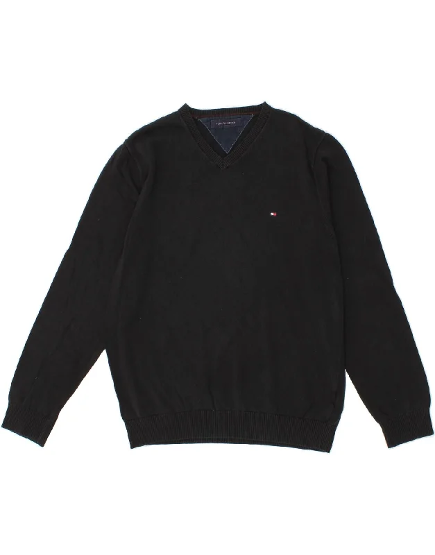 TOMMY HILFIGER Mens V-Neck Jumper Sweater Large Black Cotton Nylon Fabric Polyester Fabric Spandex Fabric