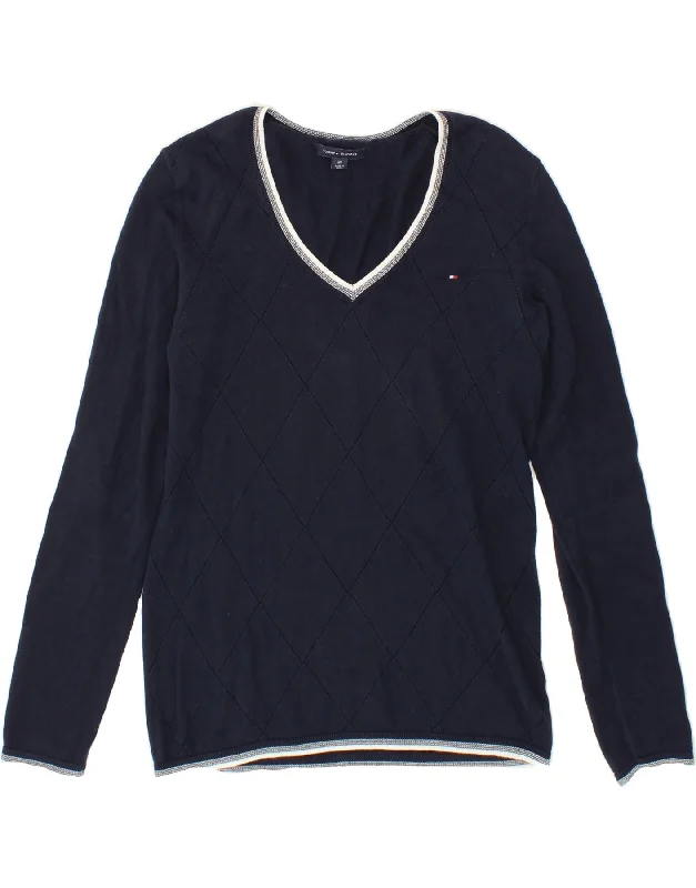 TOMMY HILFIGER Womens V-Neck Jumper Sweater UK 10 Small Navy Blue Cotton Transparent Opaque Sheer