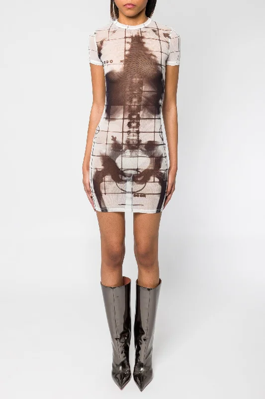 Jean Paul Gaultier Squeletor Printed Mesh Crew Neck Short Dress SS25 Trendy Layered Pocket Jeans