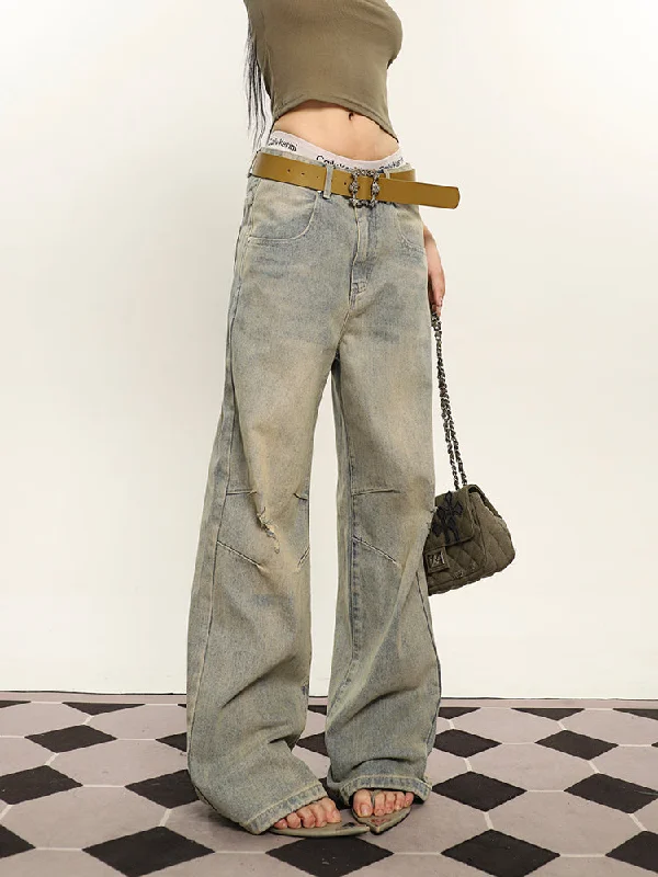 Lisa Denim Blue Washed Vintage Wide Leg Pressed Pleated Jeans Pants Comfortable Full-Length Denim Jeans