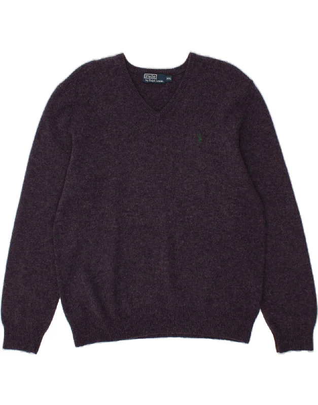 POLO RALPH LAUREN Mens V-Neck Jumper Sweater 2XL Purple Lambswool Chenille Fabric Brocade Fabric Lace Fabric