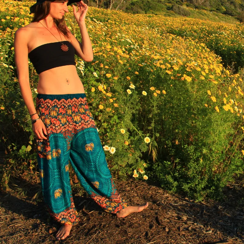 Elephant Design  Straight Leg Harem Pants in Turquoise Relaxed High-Waist Trousers