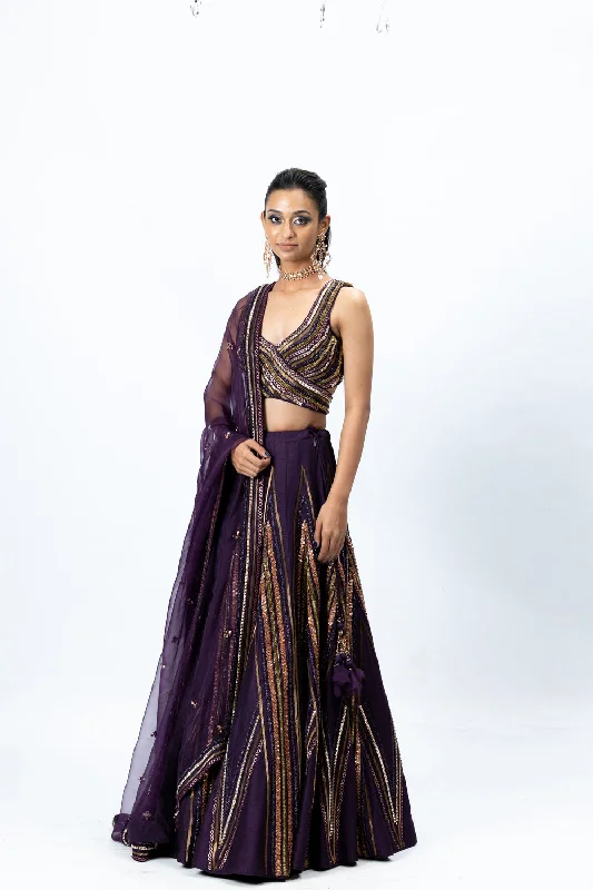 Violet Embroidered Lehenga and Blouse with Dupatta Elegant Semi-Sheer Blouse