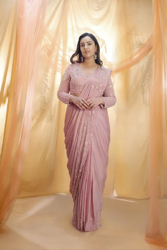 Rose Gold Saree With Full Sleeve Blouse Lightweight Floral Blouse