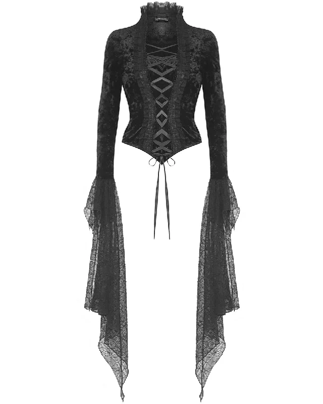 Dark In Love Womens Romantic Gothic Velvet Lace-Up Flared Sleeve Blouse Top Feminine Satin Blouse