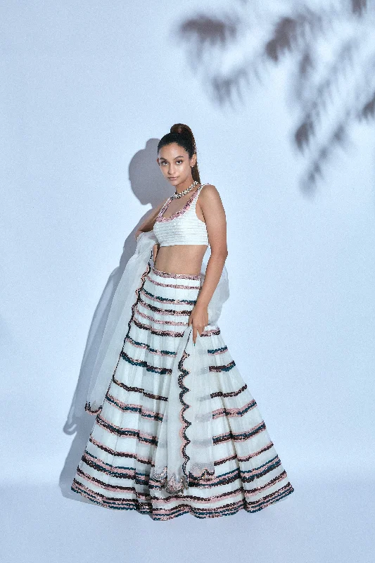 Hand-embroidered Corded White Blouse paired with Hand-embroidered Skirt and Organza Dupatta Backless Summer Blouse