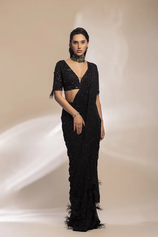 Black Saree With Feather Motifs + Embellished Blouse With An Additinal Waiscoat To Accessorize Lightweight Tunic Blouse