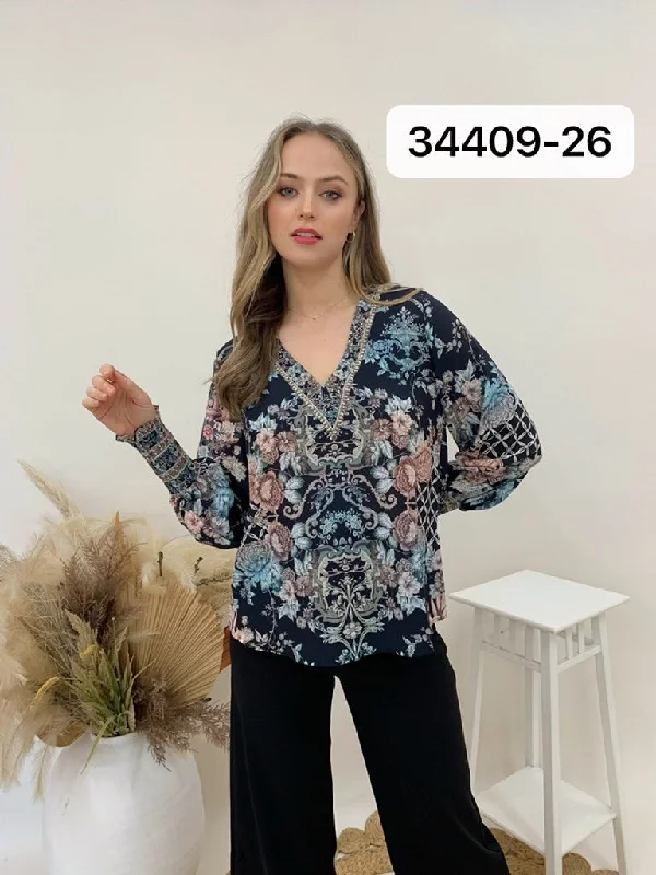 34409-26 Gem Women's Black Floral Blouse Versatile Layering Blouse