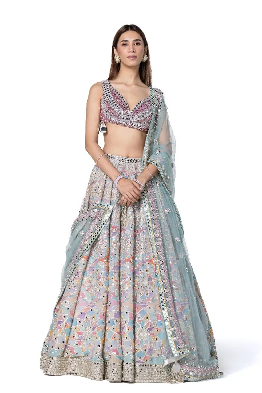 Hand Embroidered Blouse With Pastel Shade Printed Lehenga Polished Work Blouse