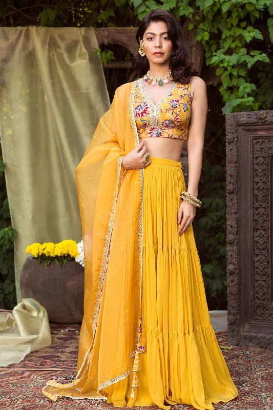 Yellow Printed Blouse And Lehenga Set Stylish Wrap Blouse