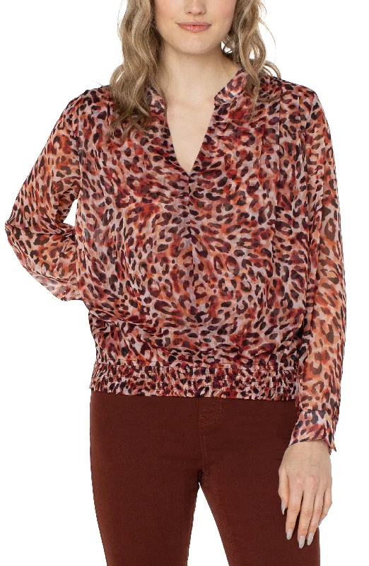 Liverpool Long Sleeve Woven Blouse w/Smocked Waistband (Watercolor Cheetah) Feminine Tie Blouse