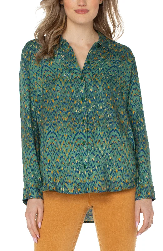 Liverpool Button Up Woven Blouse (Emerald Ikat) Sheer Sleeve Blouse