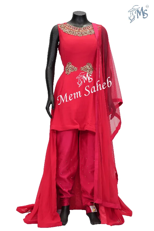 Indo Western Rani Pink Georgette Tail cut Top with Narrow Pant Casual Lounge Pants