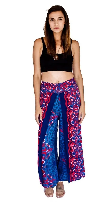 Flower Design Open Leg Pants in Blue Fashionable Tapered Leg Pants