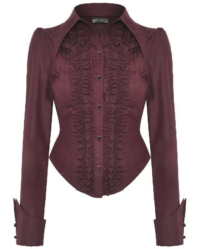 Dark In Love Womens Corporate Gothic Vampire Ruffled Blouse Top - Wine Red Chic Ruffle Blouse