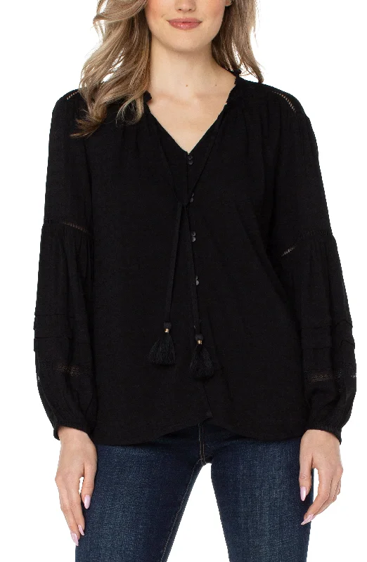 Liverpool Long Sleeve Popover Shirred Blouse (Black) Soft Satin Blouse