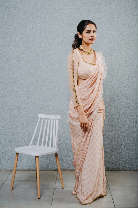 Peach print draped saree and embroidered blouse set Delicate Bow Blouse