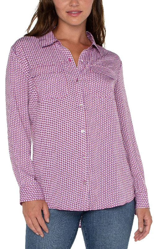 Liverpool Flap Pocket Button Front Blouse (fuchsia geo) Asymmetric Hem Blouse