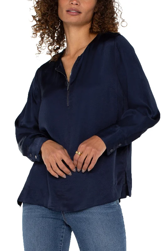 Liverpool Long Sleeve Zip Front Woven Blouse (Dark Navy) Chic Ruffle Blouse