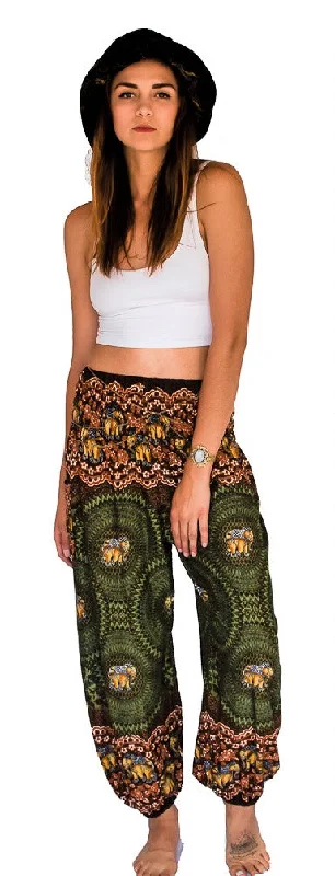 Elephant Design  Straight Leg Harem Pants in Green Elegant Palazzo Trousers