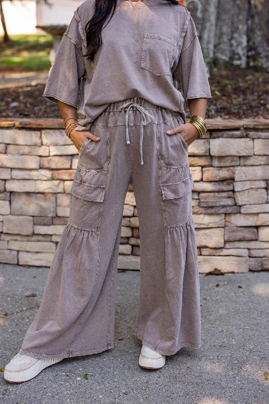 Vintage Trends Washed Mocha Pants Trendy Wide-Legged Trousers