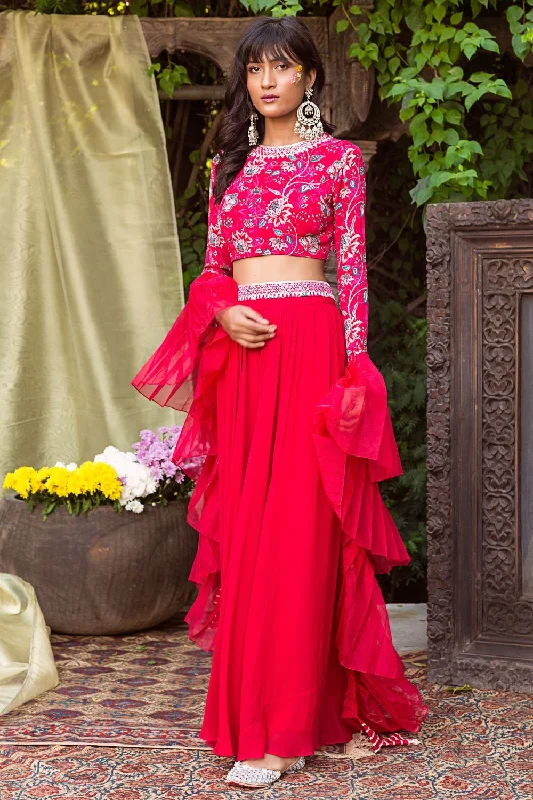 Red Printed Blouse With Palazzo And Pleated Dupatta Satin Long Blouse