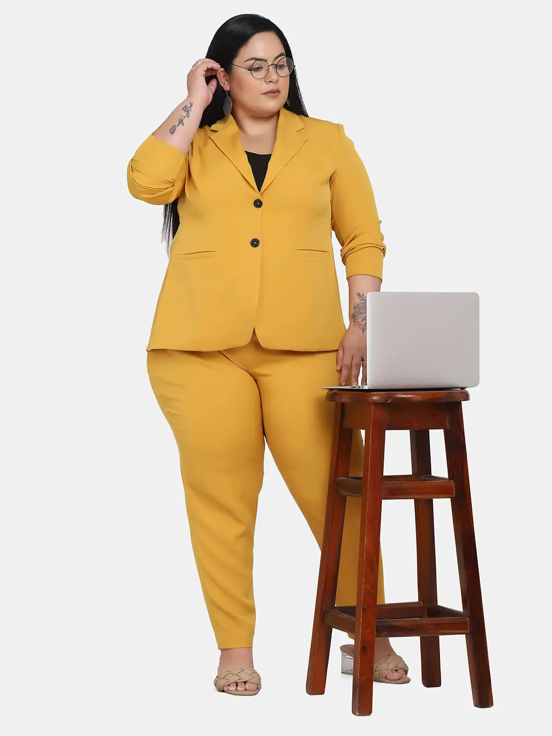 Women’s Formal Pant Suit For Work- Mustard Yellow Comfortable Denim Leggings