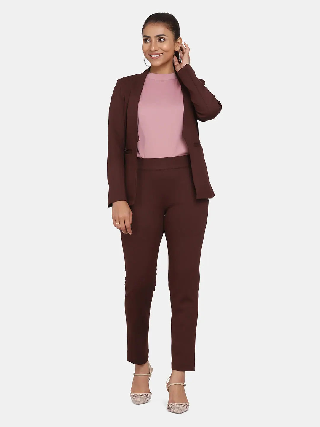 Stretch Pant Suit for Women - Chocolate Brown Trendy Wide-Leg Pants