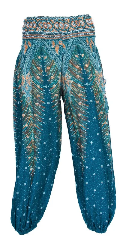 Feather Design Straight Leg Harem Pants in Turquoise Comfy Zip-Up Pants