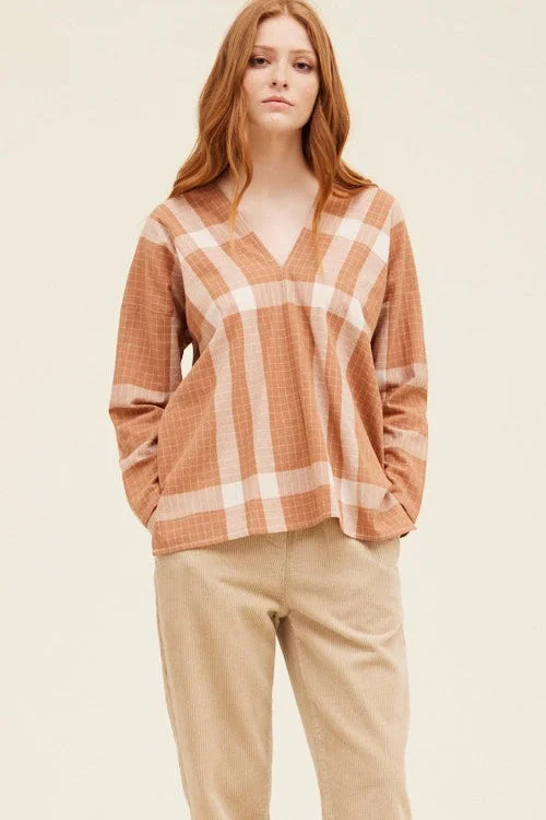 Plaid V Neck Blouse Elegant Silk Blouse