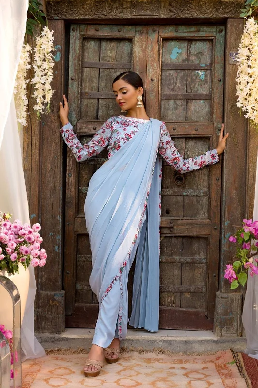 Powder Blue Printed Blouse With Pant Saree Classic Minimalist Blouse