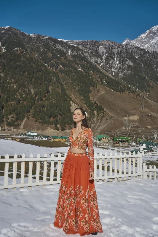 orange floral hand embroidered wrap blouse with pleated lehanga made in  georgette fabric Stretchy Fitted Blouse