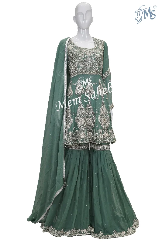 Indo Western Olive green Designer Frock Top Stone work and Gharara pant Trendy Printed Leggings