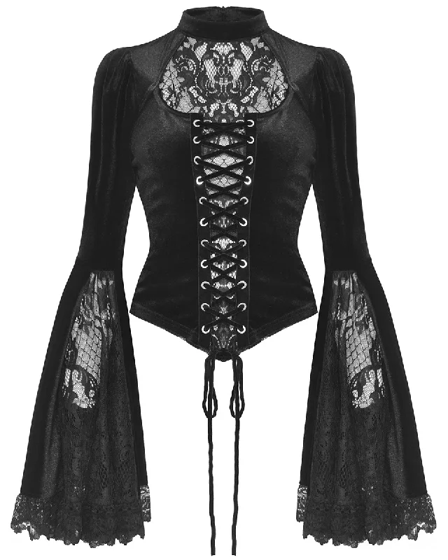 Dark In Love Womens Regency Gothic Velvet & Lace Flared Sleeve Blouse Top Elegant Embroidery Blouse