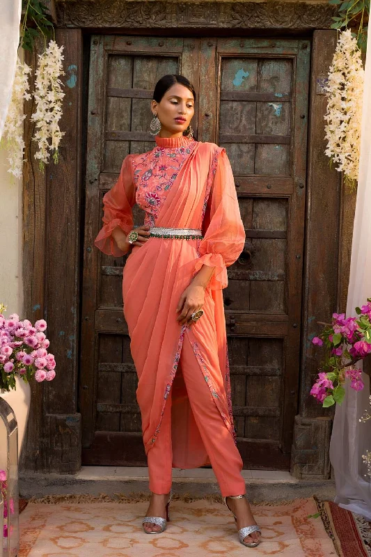 Coral Printed Blouse With Pant Saree And Belt Ruched Sleeve Blouse