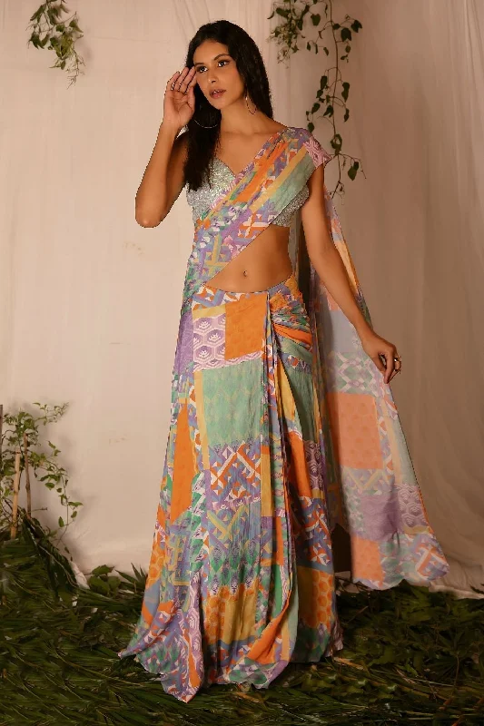 Holographic Hand-embroidered Blouse with Printed Draped Saree Oversized Silk Blouse