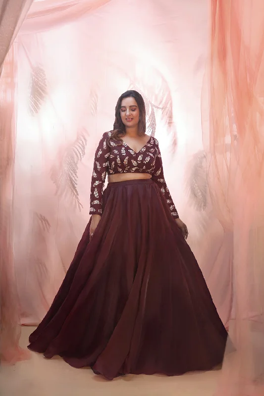 Wine Lehenga With A Embroidered Blouse Stretchy Fitted Blouse