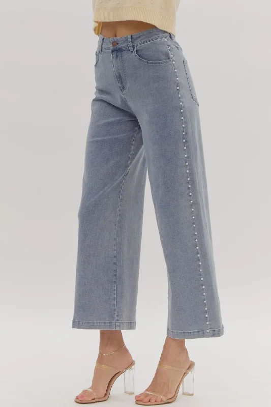 Pearl Trimmed Blue Denim Pants Formal Linen Trousers