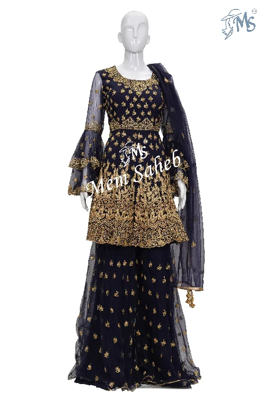 Indo Western Indigo Blue Assymetrical Frock Top with Gharara Pant Soft Stretch Pants