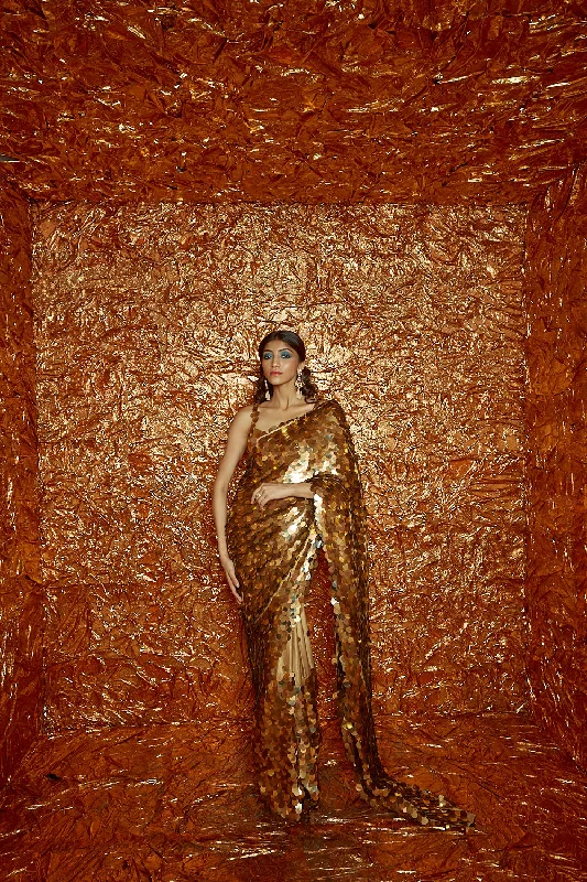 Golden Sequin Hand-Embroidered Saree with Blouse and Petticoat Soft Modal Blouse