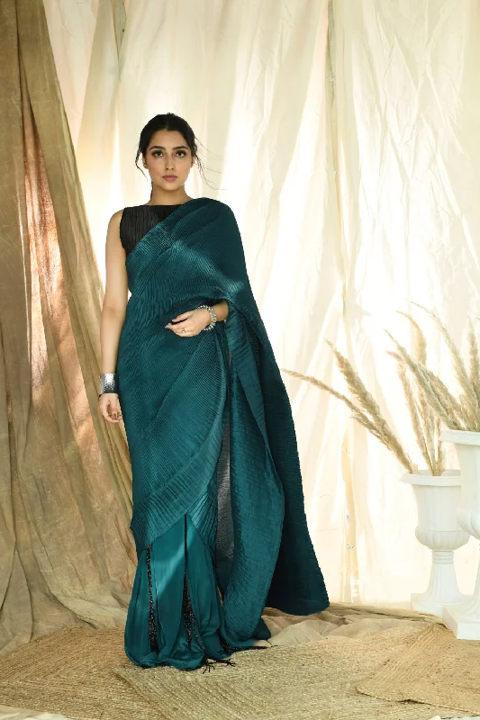 Teal pleated fringe saree with pleated embroidered blouse Satin Long Blouse