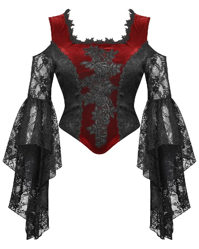 Dark In Love Womens Dark Elegant Gothic Velvet & Lace Applique Blouse Top - Red & Black Silky Tunic Blouse