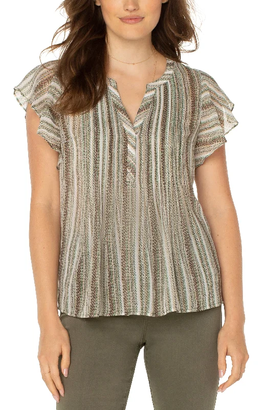 Liverpool Flutter Sleeve Popover Blouse w/ Pin Tuck (allover painted stripe) Gathered Detail Blouse