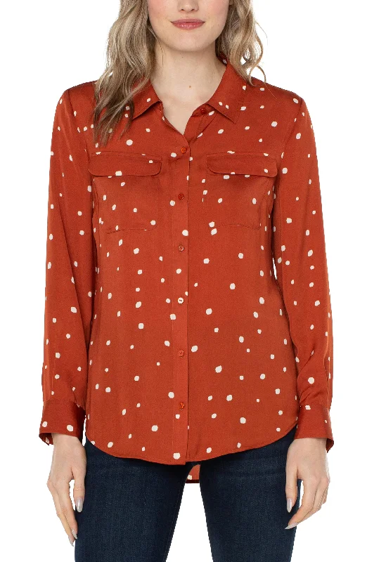 Liverpool Flap Pocket Button Front Woven Blouse (Dot/Maple Red) (plus size available) Airy Cotton Blouse