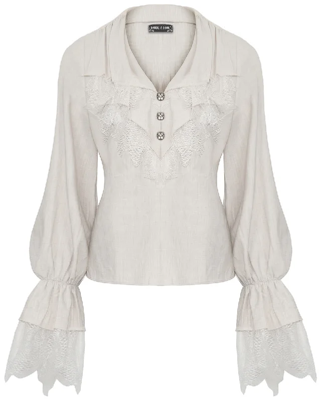 Dark In Love Womens Victorian Steampunk Ruffled Lace Blouse Top - Vintage Off-White Casual Stripe Blouse